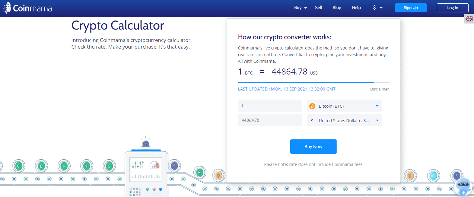 Strona kalkulatora kryptowalut Coinmama;  ceny uwięzi, porównuj wskaźniki kupna i sprzedaży, kurs wymiany pieniędzy i przeliczaj waluty za pośrednictwem platformy